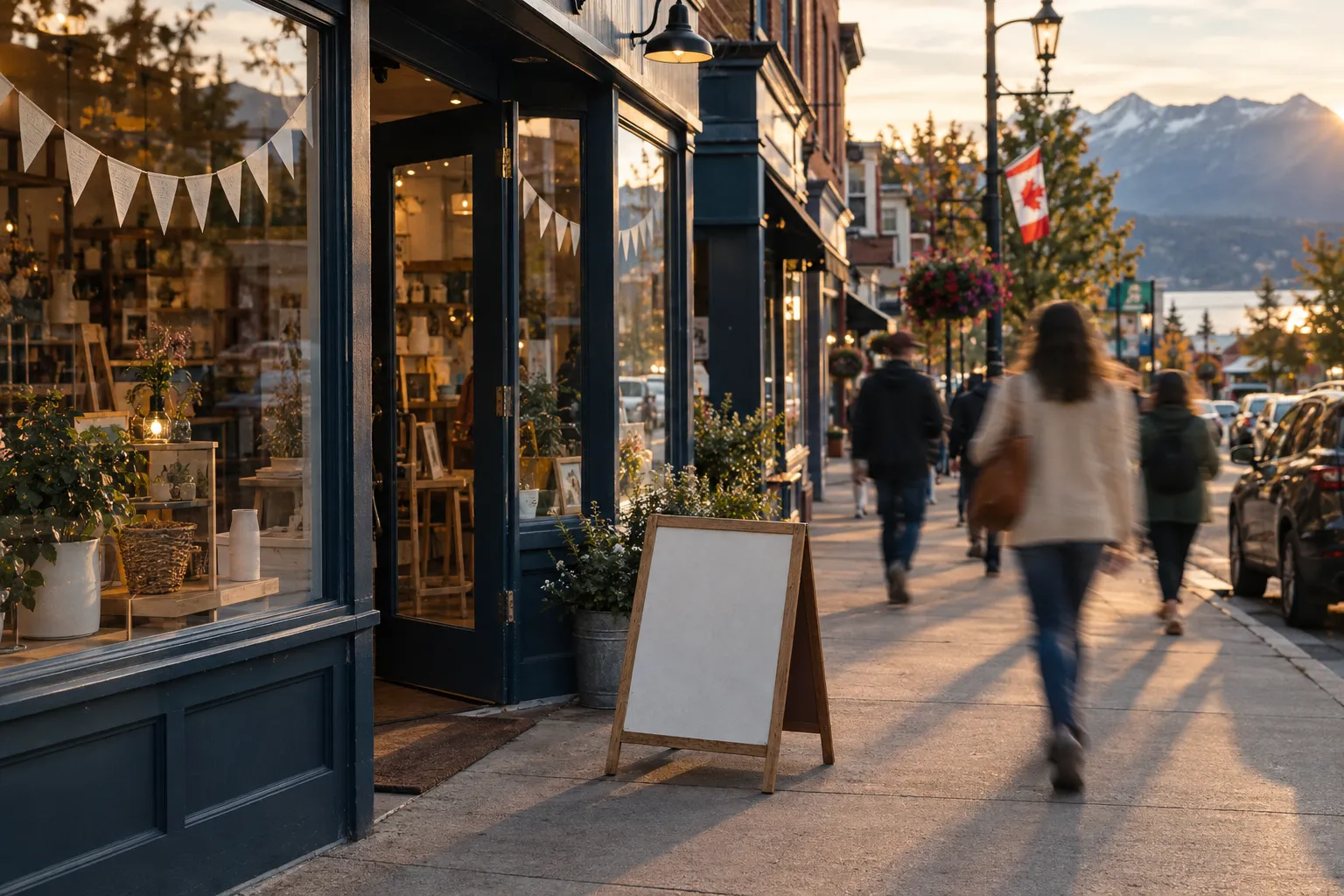 A small independent shop on a main street at golden hour with a blank sandwich board out front